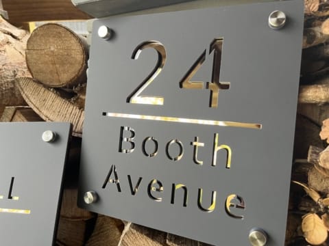 Laser Cut House / Door Signs Numbers with Reflective Backing. Supplied with Stand off Brackets. 200mm x200mm
