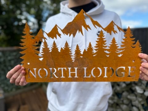 Corten Steel Sign Mountain Forest scene , various sizes available and bespoke.